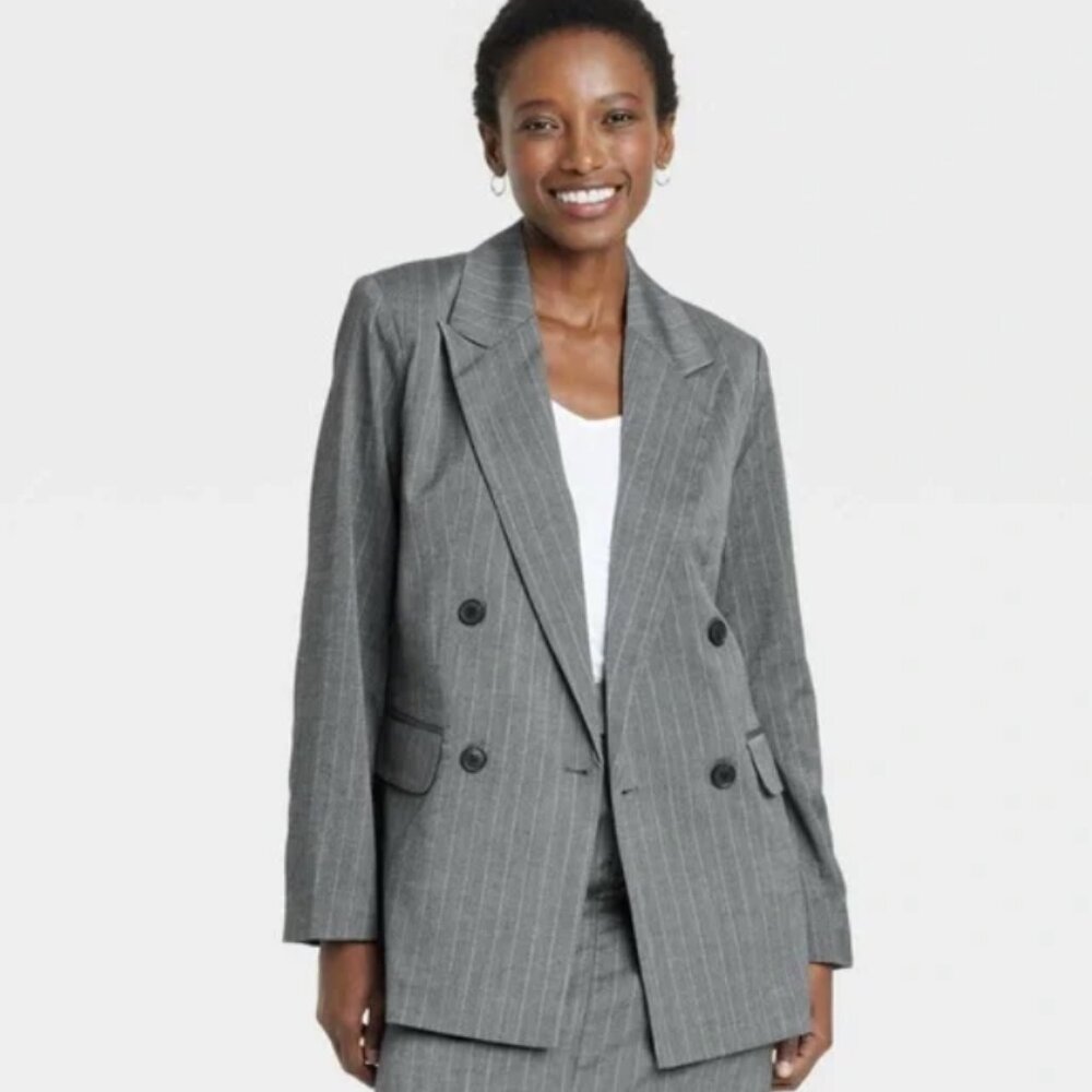 NWT Women's Double Breasted Blazer - A New Day Gray Pinstripe M